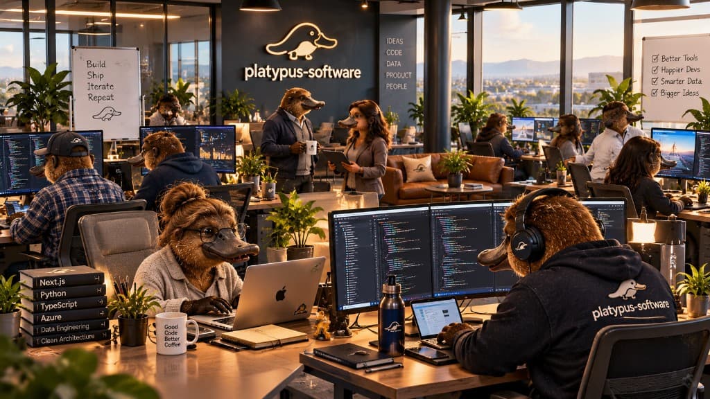 An open office at dusk, with the Platypus Software mark on the wall and people working at their desks.